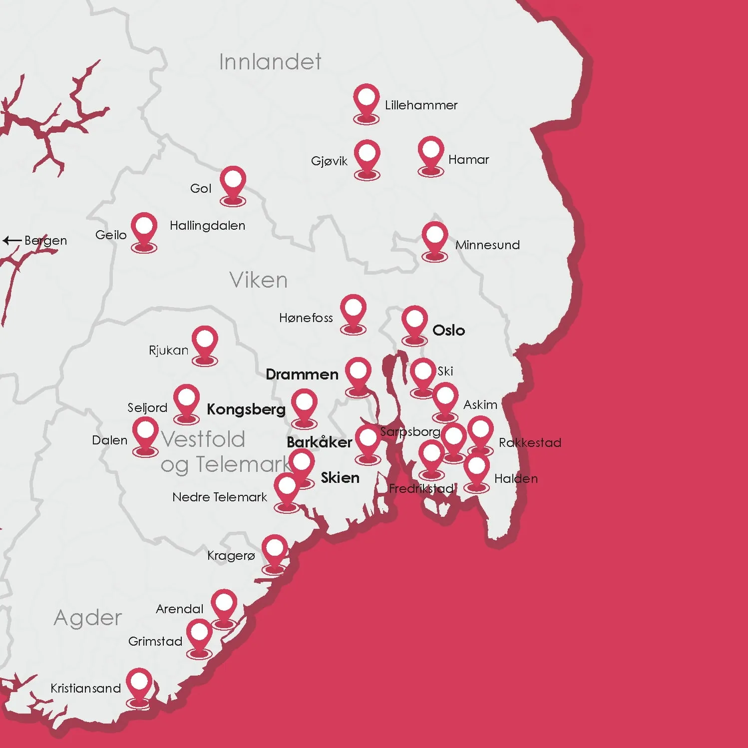 Kart over BYPOSTs faste distribusjonsruter på Østlandet og i Bergensregionen